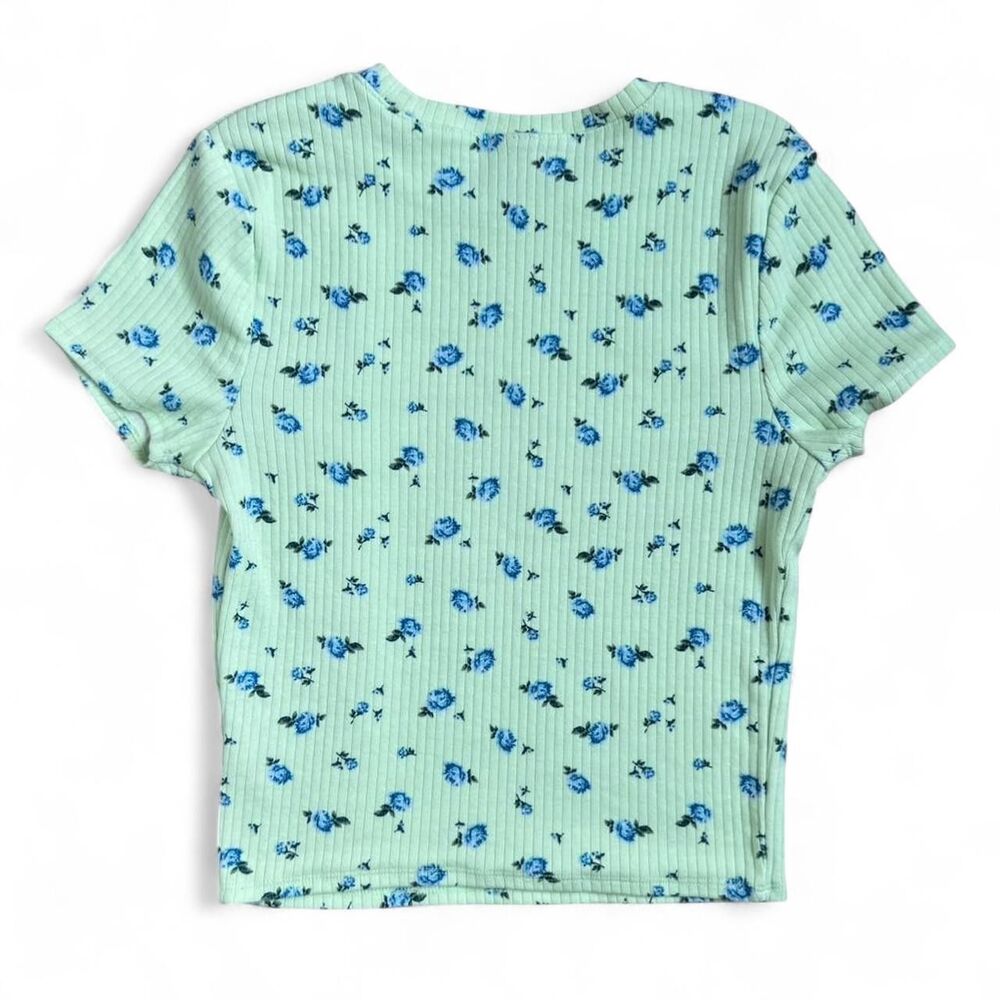 Green Floral Ribbed Tee Size Small - Picture 2 of 5